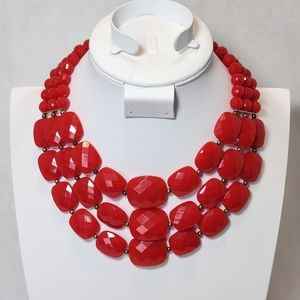 Red Plastic Beaded Necklace Vintage Style